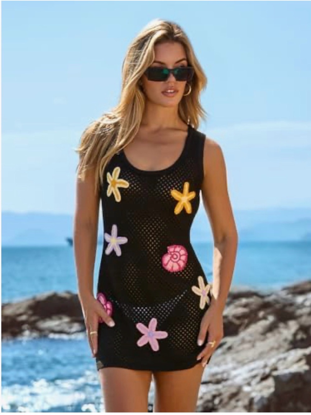 Beach Cover Up Dress With 3D Starfish & Shell Crochet Appliqués